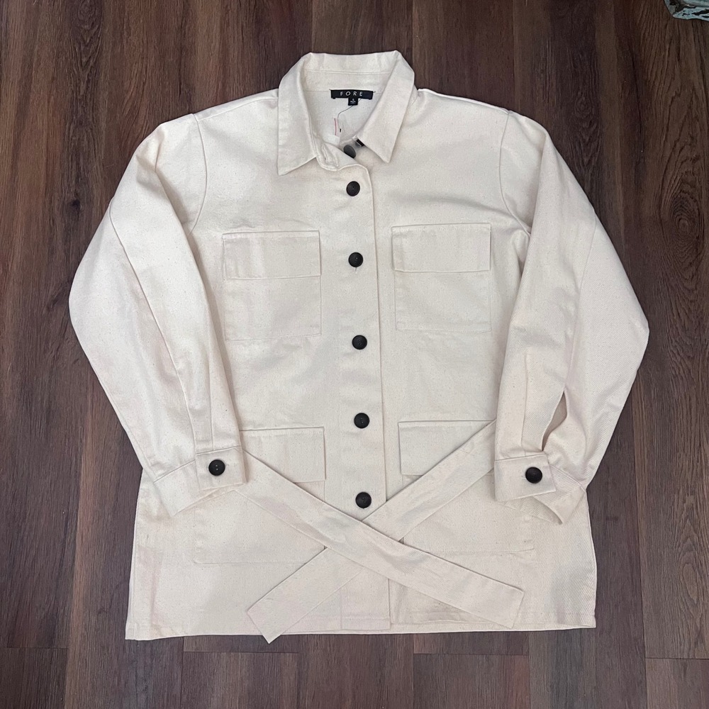 New FORE Canvas Utility Military Jacket Cream Beige Belted Button Women's Sz S